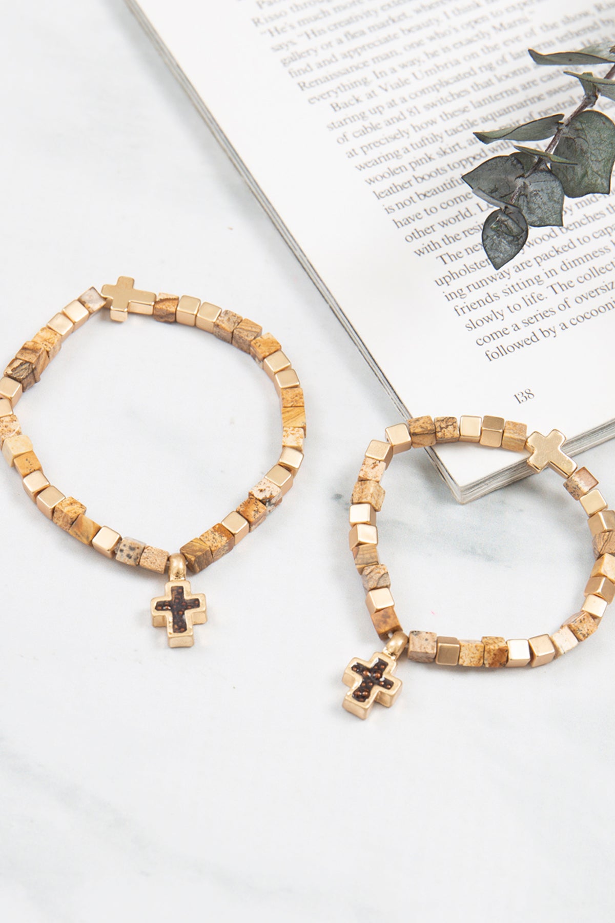 Mommy and Me Bracelets: Religious Natural Stone Cross Set - Brown Jasper