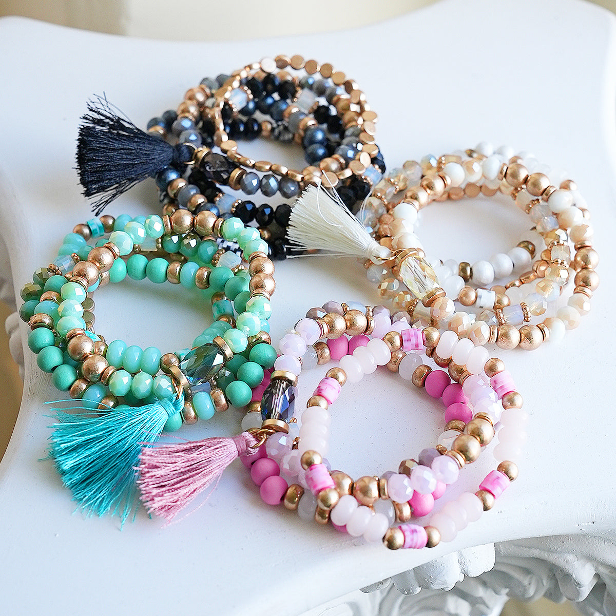 Beaded Bracelet Set Stackable Stretch Multi Layered Bangles Boho 5 Layer - Ivory