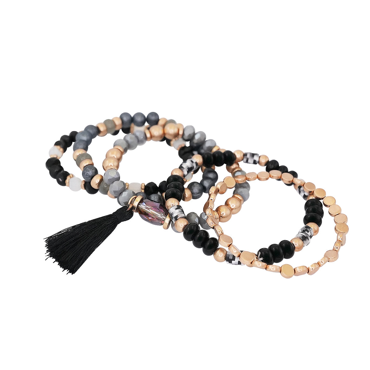 Beaded Bracelet Set Stackable Stretch Multi Layered Bangles Boho 5 Layer - Black