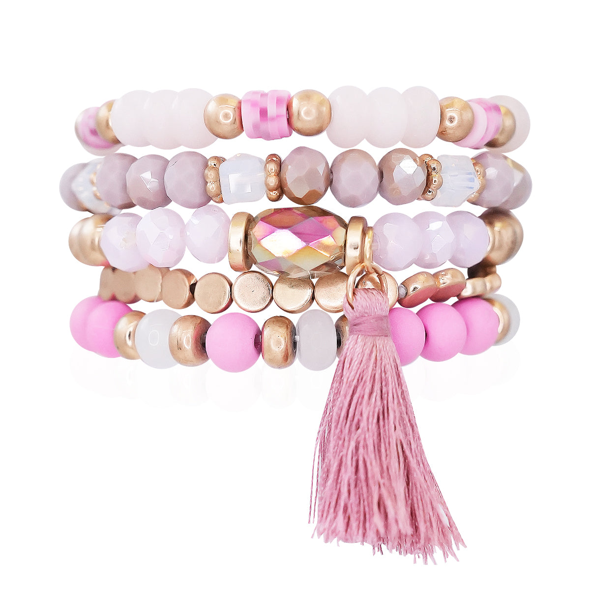 Beaded Bracelet Set Stackable Stretch Multi Layered Bangles Boho 5 Layer - Hot Pink