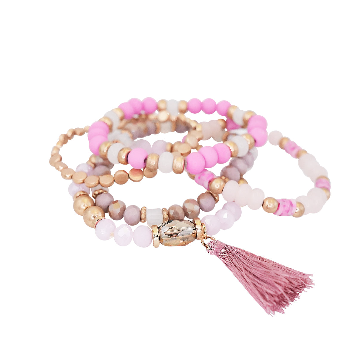 Beaded Bracelet Set Stackable Stretch Multi Layered Bangles Boho 5 Layer - Hot Pink