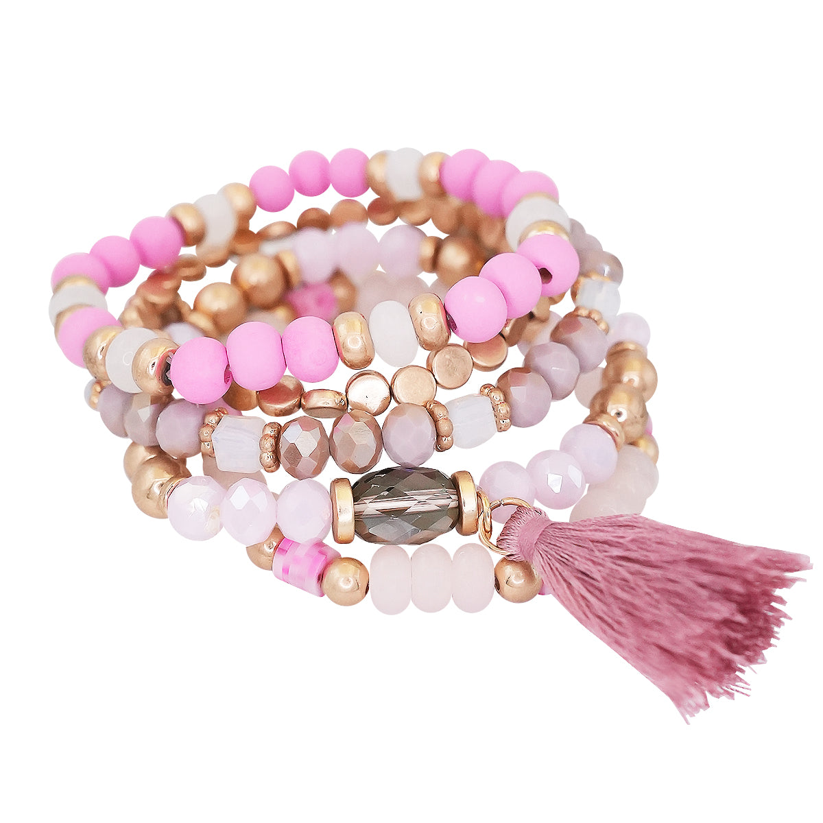 Beaded Bracelet Set Stackable Stretch Multi Layered Bangles Boho 5 Layer - Hot Pink