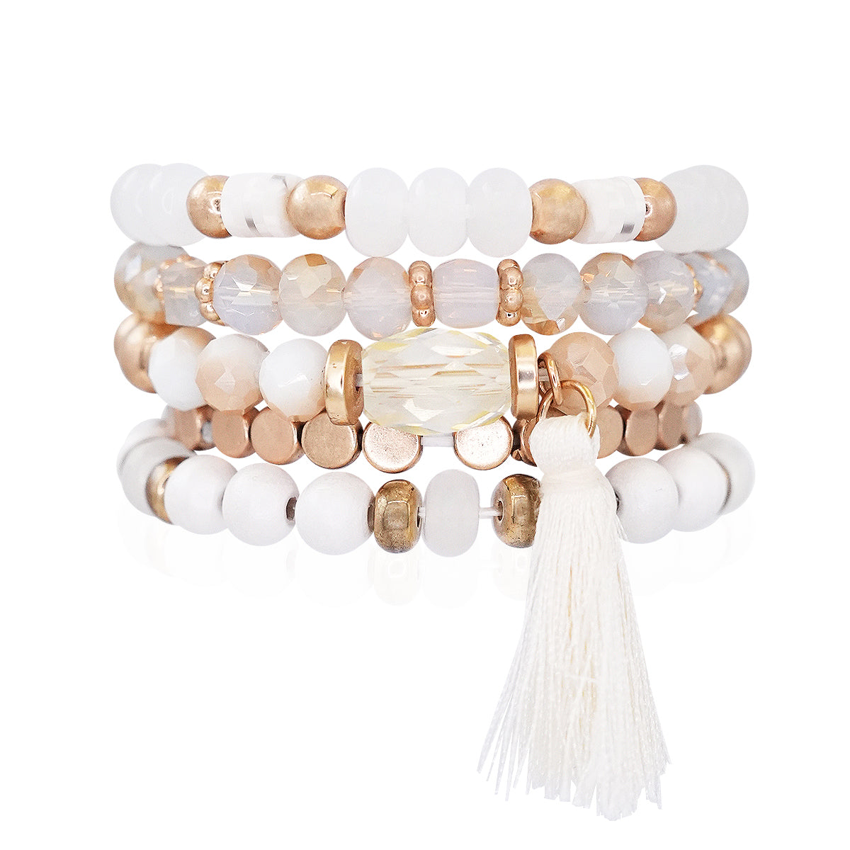 Beaded Bracelet Set Stackable Stretch Multi Layered Bangles Boho 5 Layer - Ivory
