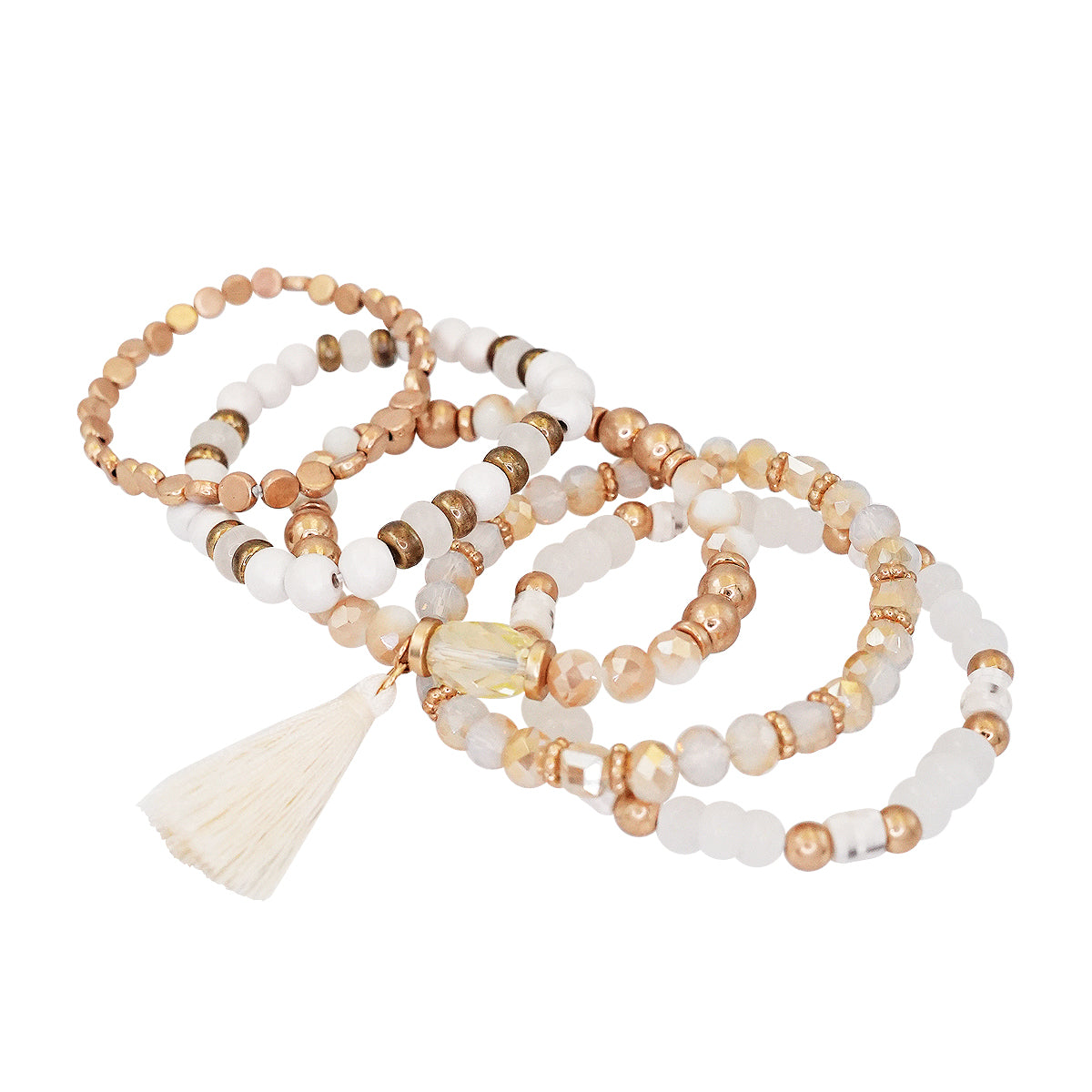 Beaded Bracelet Set Stackable Stretch Multi Layered Bangles Boho 5 Layer - Ivory
