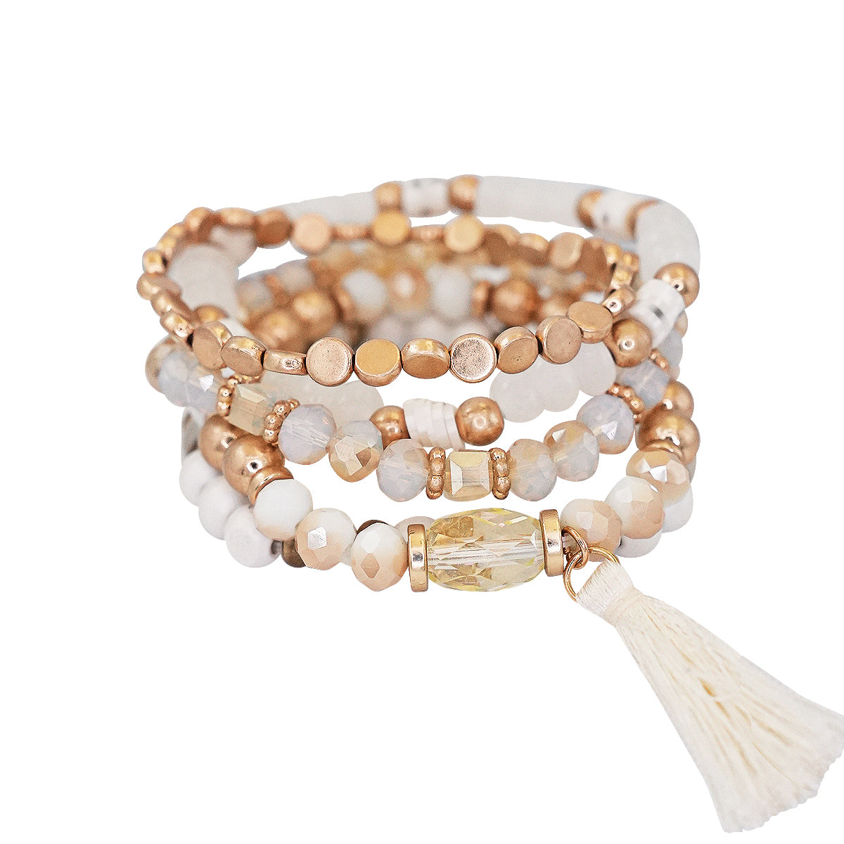 Beaded Bracelet Set Stackable Stretch Multi Layered Bangles Boho 5 Layer - Ivory