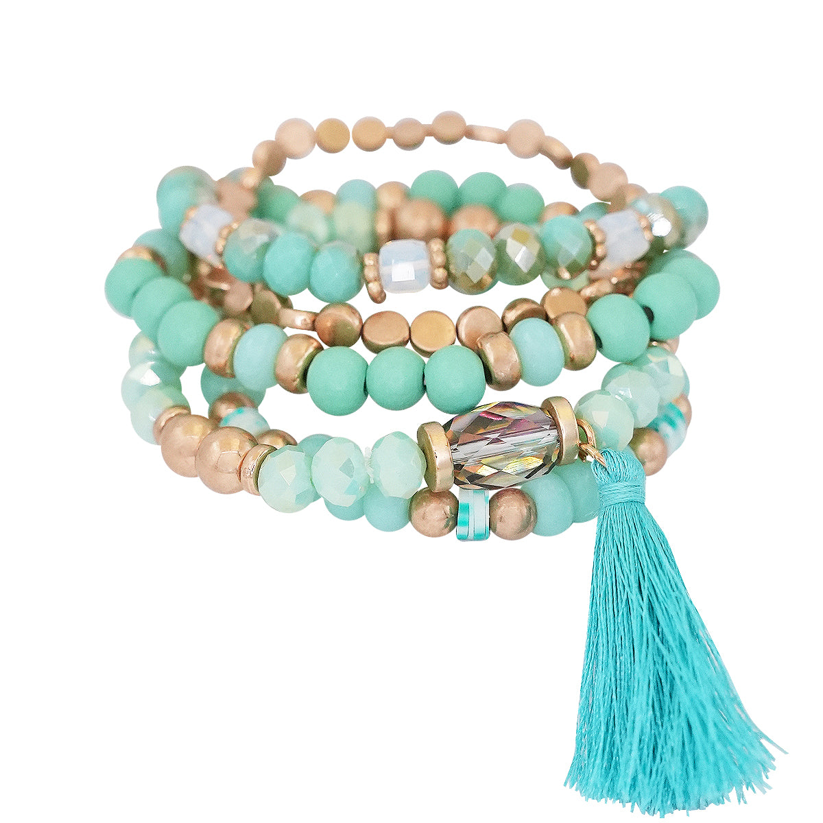 Beaded Bracelet Set Stackable Stretch Multi Layered Bangles Boho 5 Layer - Turquoise