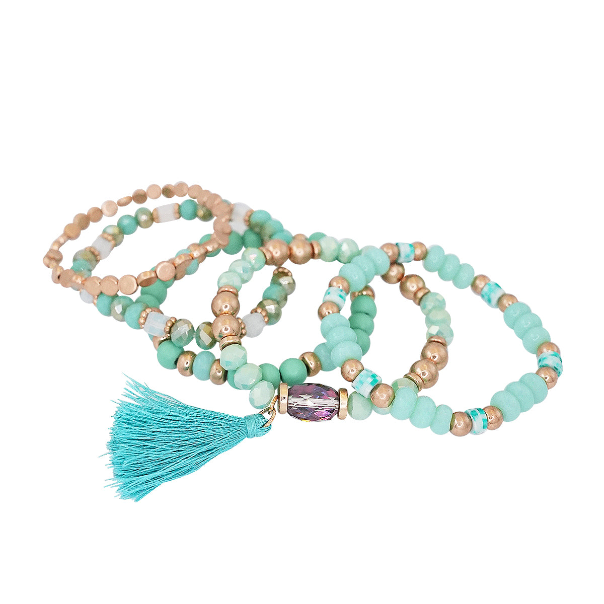 Beaded Bracelet Set Stackable Stretch Multi Layered Bangles Boho 5 Layer - Turquoise