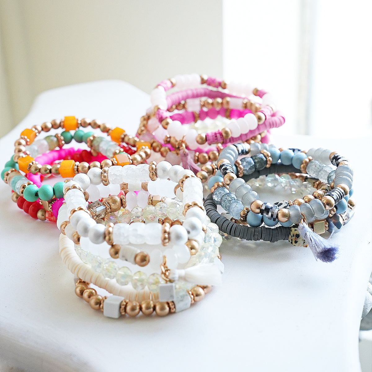 Beaded Bracelet Set Stack Stretch Multi Layered Boho Bangles Tassel Mix 5 Layer - Gray