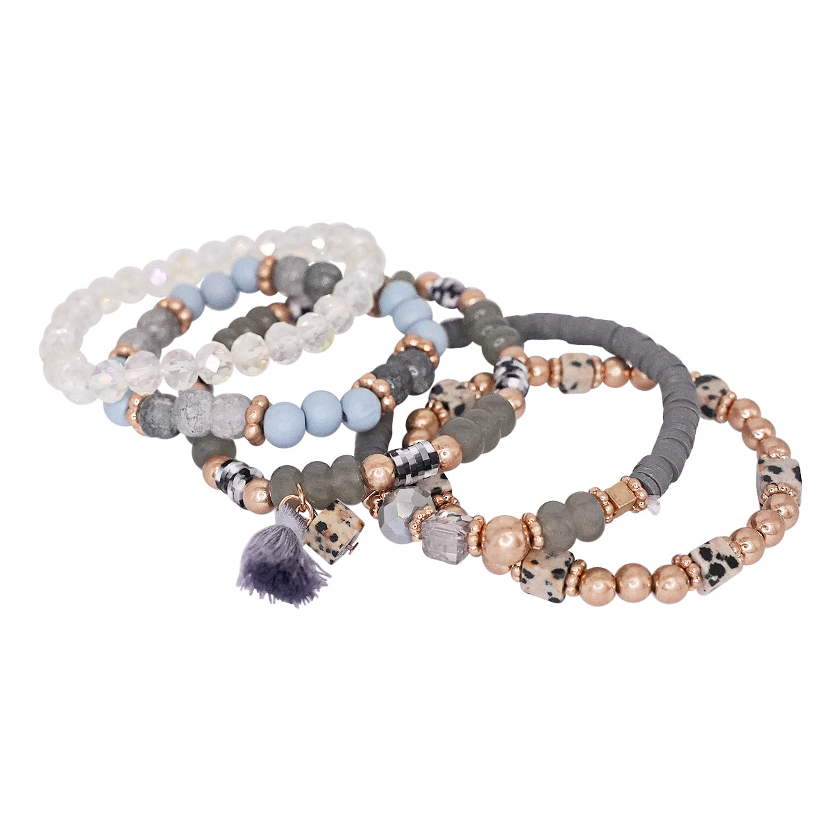 Beaded Bracelet Set Stack Stretch Multi Layered Boho Bangles Tassel Mix 5 Layer - Gray