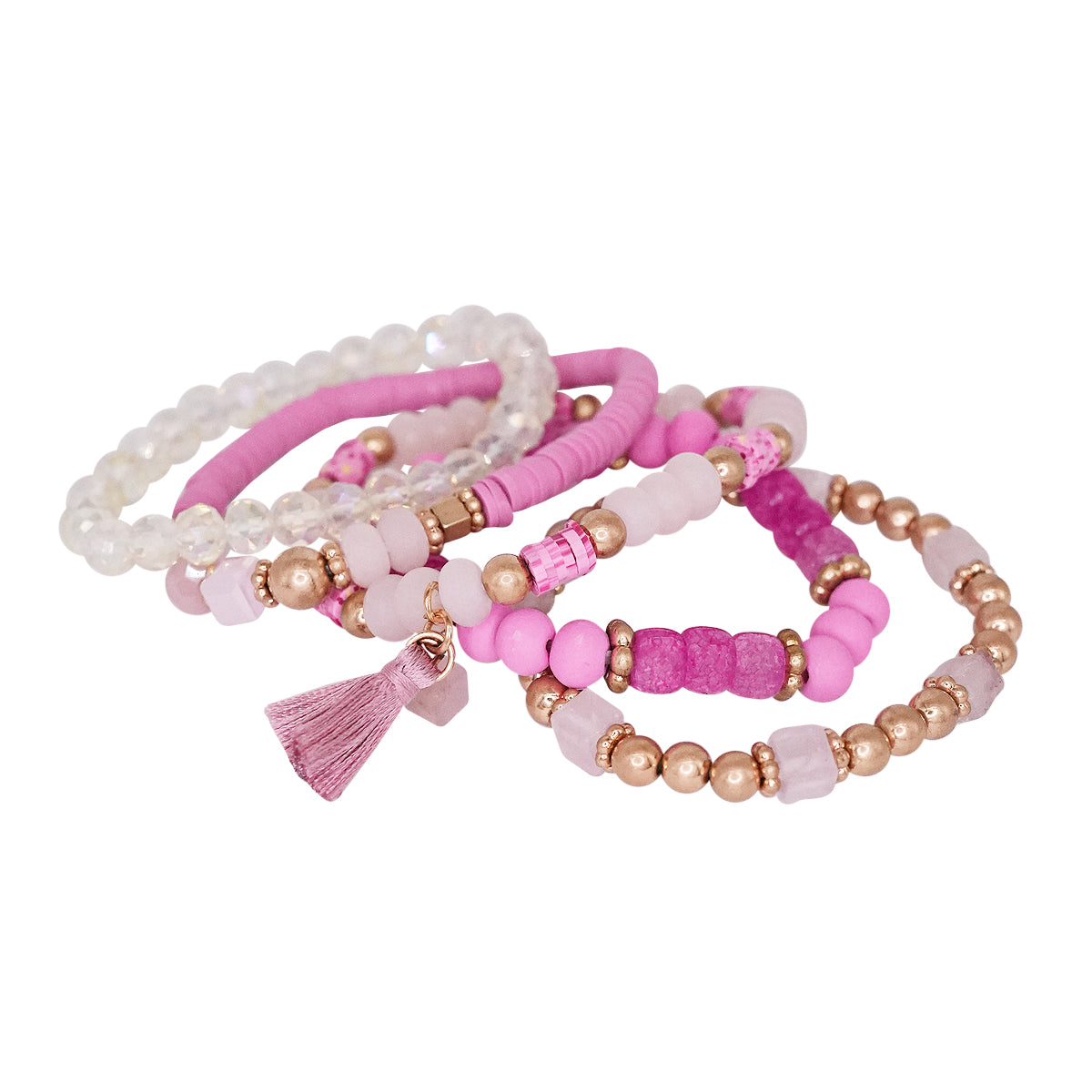 Beaded Bracelet Set Stack Stretch Multi Layered Boho Bangles Tassel Mix 5 Layer - Hot Pink