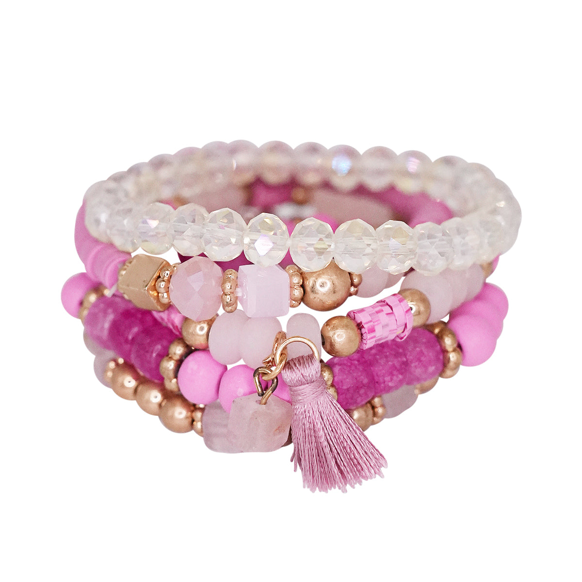 Beaded Bracelet Set Stack Stretch Multi Layered Boho Bangles Tassel Mix 5 Layer - Hot Pink