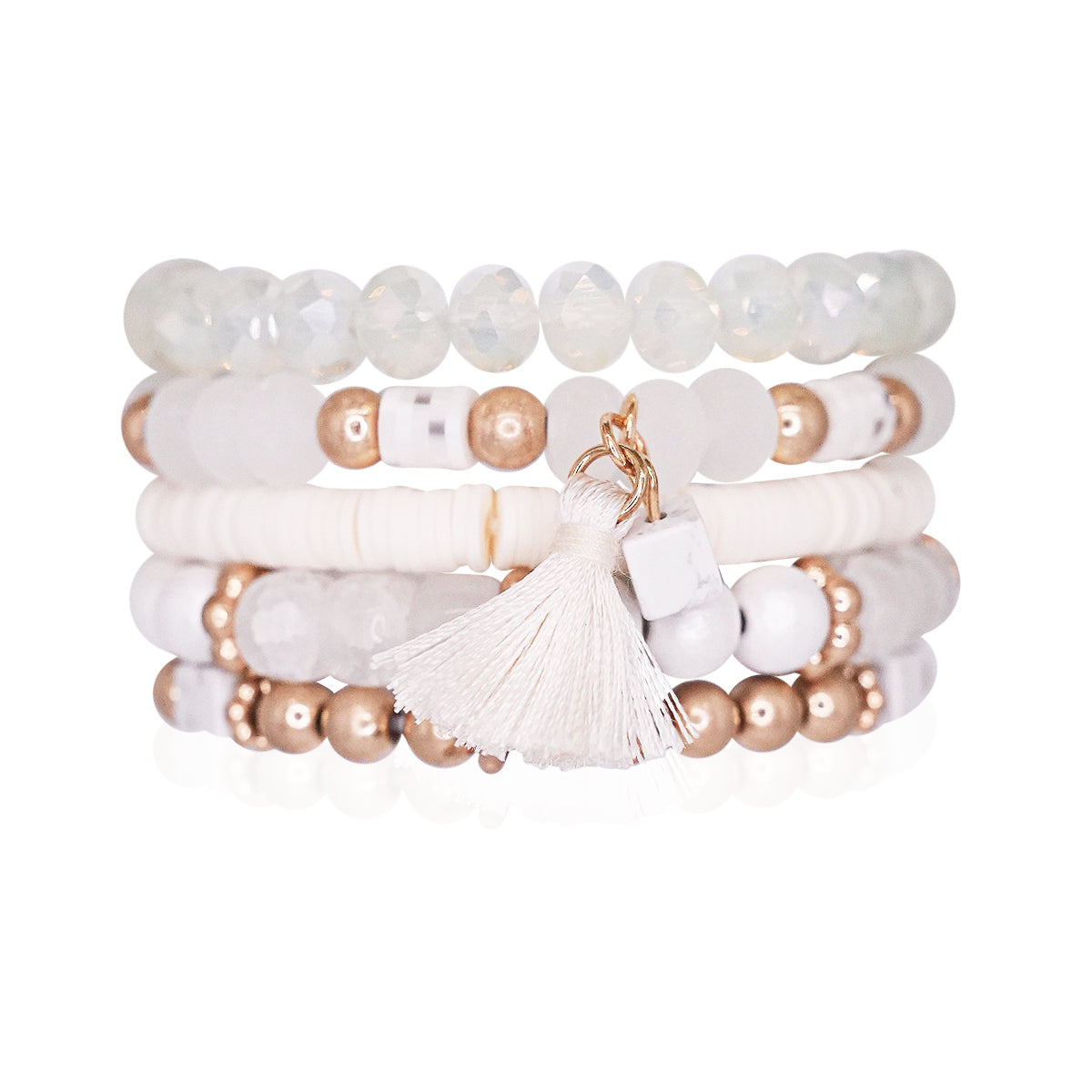 Beaded Bracelet Set Stack Stretch Multi Layered Boho Bangles Tassel Mix 5 Layer - Ivory