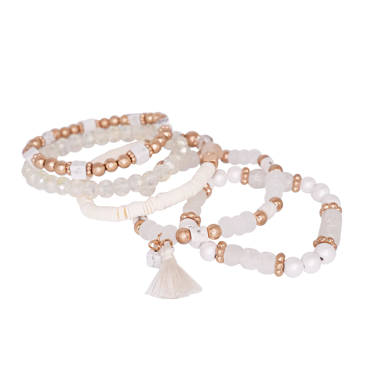 Beaded Bracelet Set Stack Stretch Multi Layered Boho Bangles Tassel Mix 5 Layer - Ivory