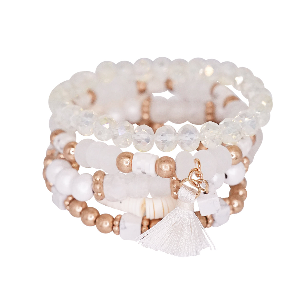 Beaded Bracelet Set Stack Stretch Multi Layered Boho Bangles Tassel Mix 5 Layer - Ivory