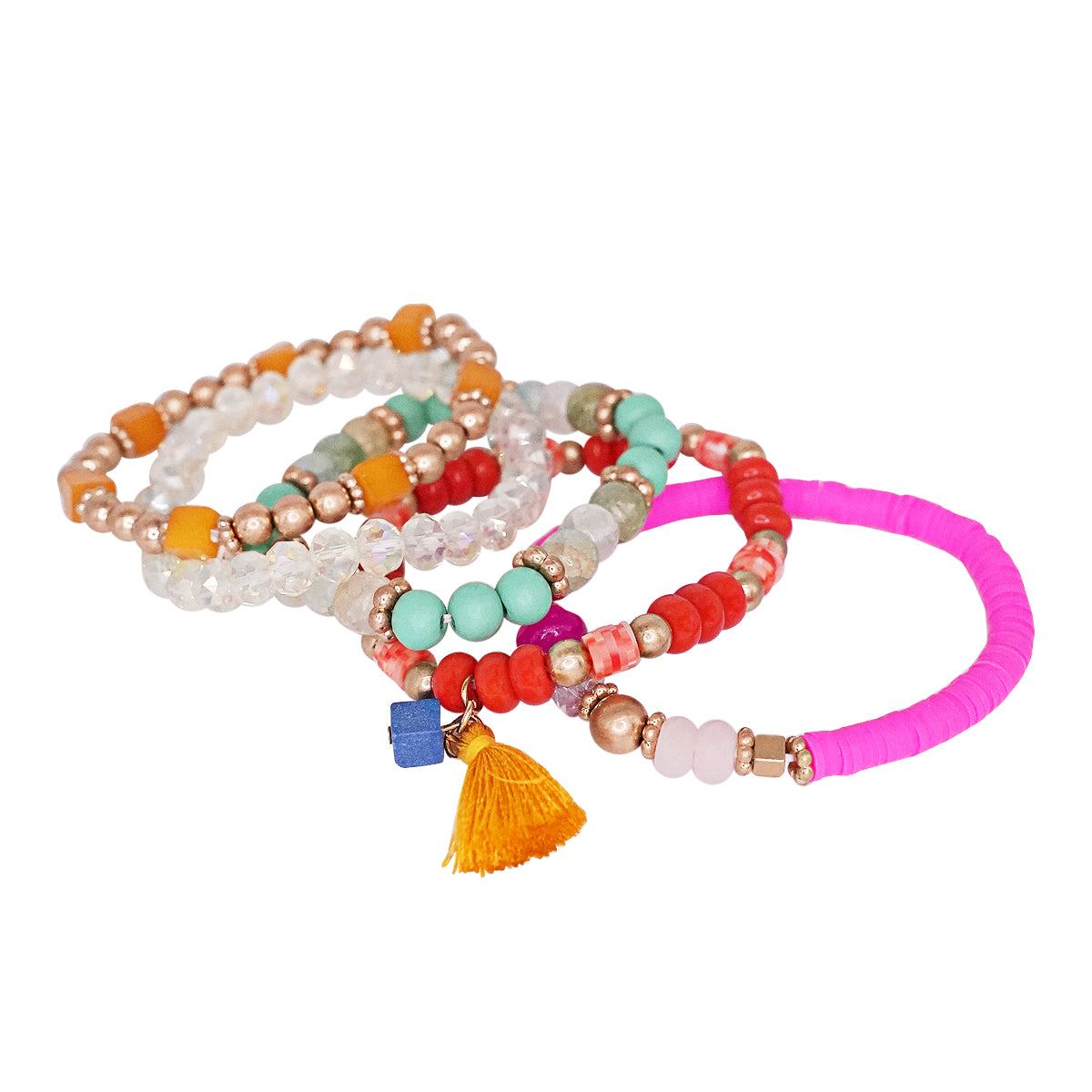 Beaded Bracelet Set Stack Stretch Multi Layered Boho Bangles Tassel Mix 5 Layer - Multi