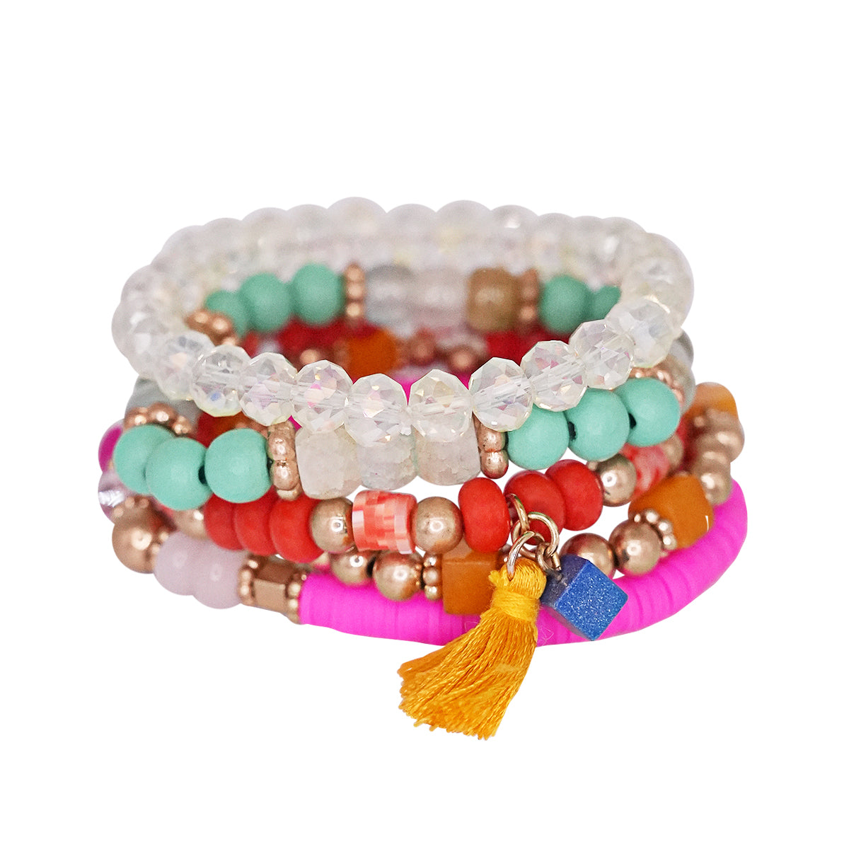Beaded Bracelet Set Stack Stretch Multi Layered Boho Bangles Tassel Mix 5 Layer - Multi