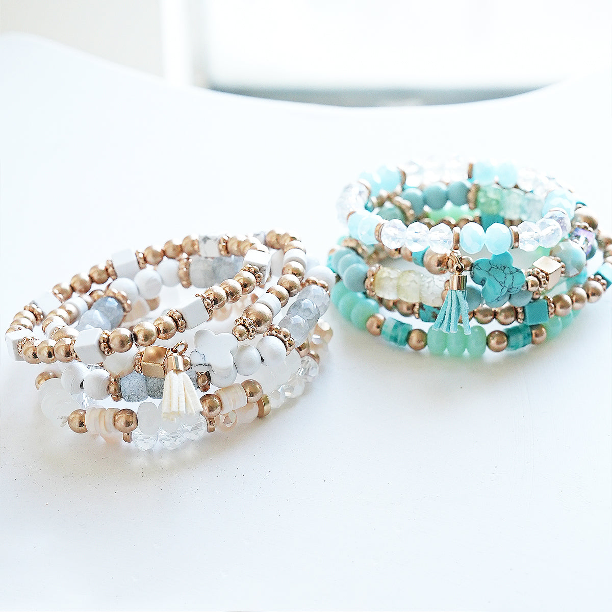 Beaded Bracelet Set Stack Stretch Multi Layered Stone Bangle Clover 5 Layer - Ivory