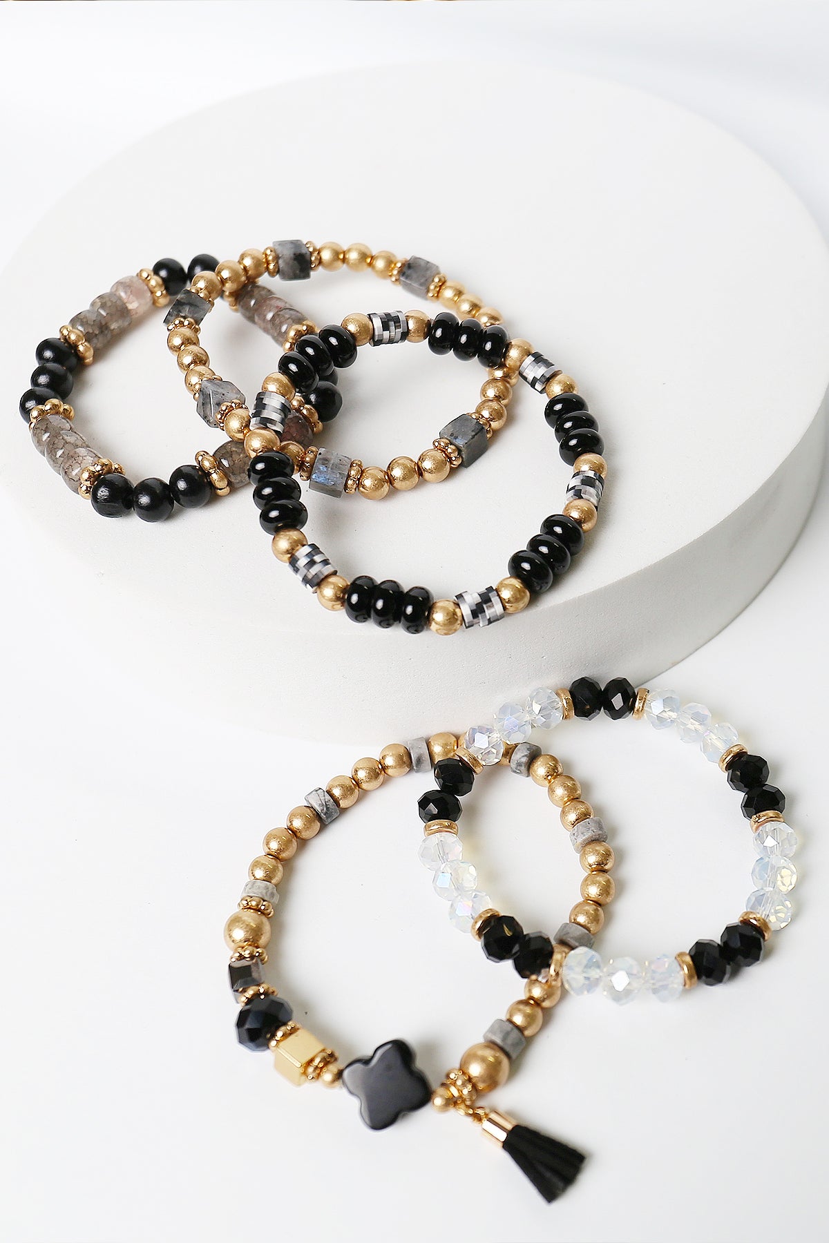 Beaded Bracelet Set Stack Stretch Multi Layered Stone Bangle Clover 5 Layer - Black