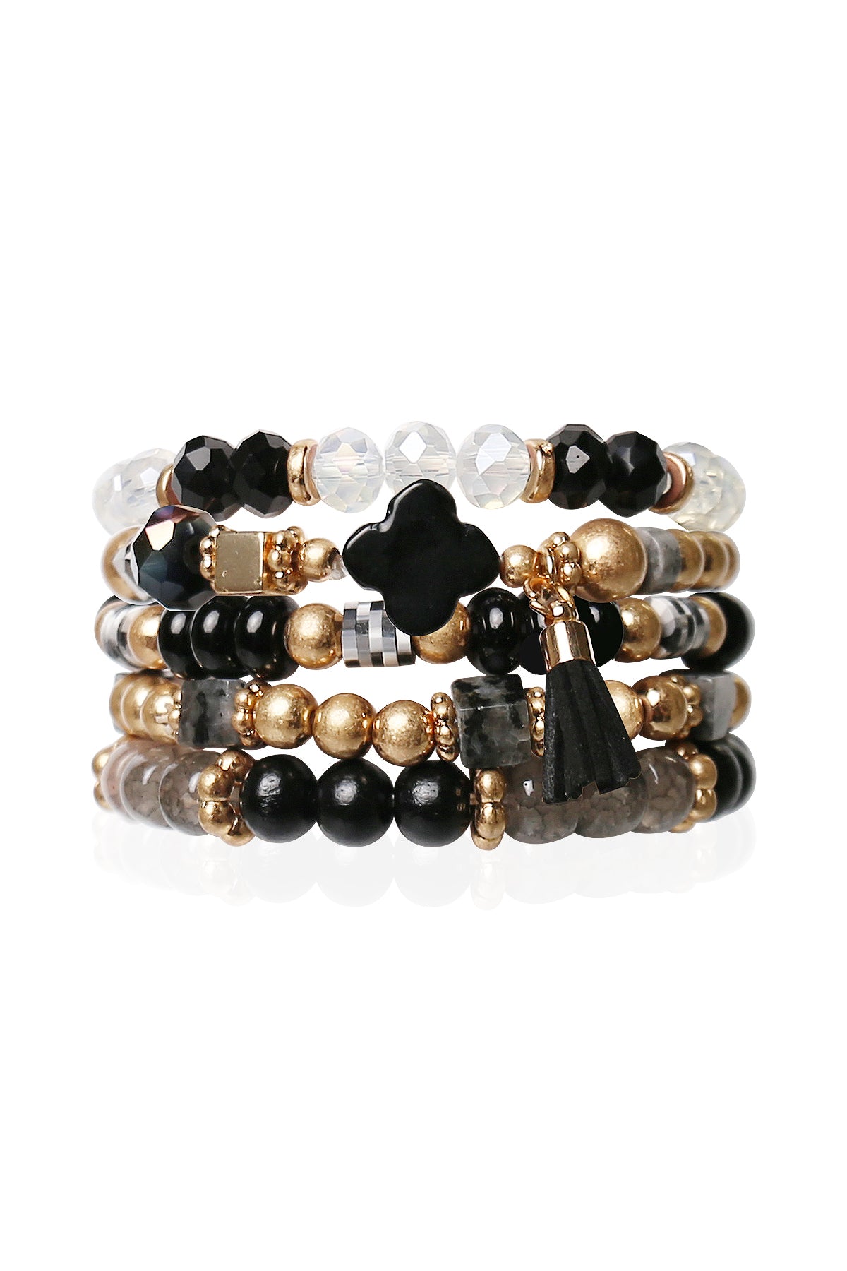 Beaded Bracelet Set Stack Stretch Multi Layered Stone Bangle Clover 5 Layer - Black