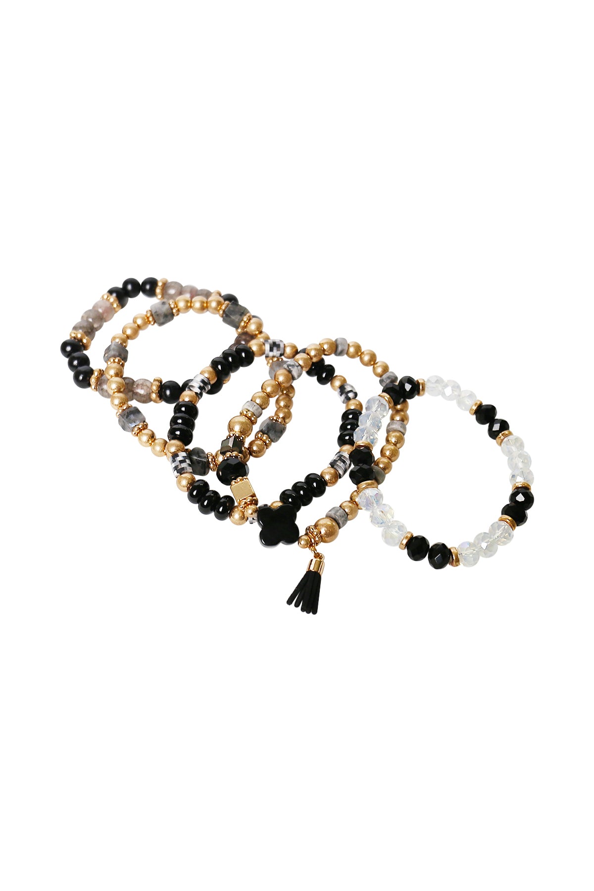 Beaded Bracelet Set Stack Stretch Multi Layered Stone Bangle Clover 5 Layer - Black