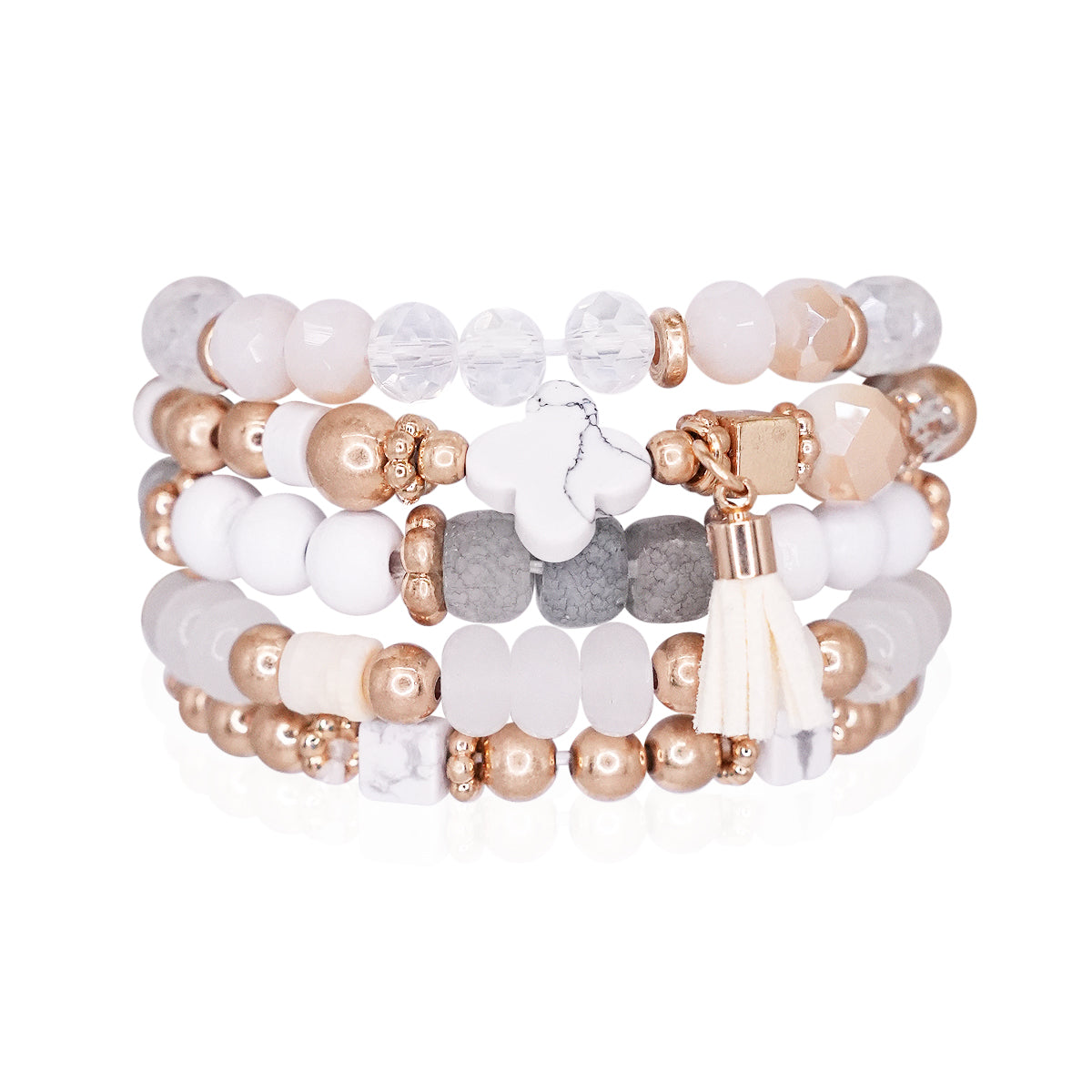 Beaded Bracelet Set Stack Stretch Multi Layered Stone Bangle Clover 5 Layer - Ivory