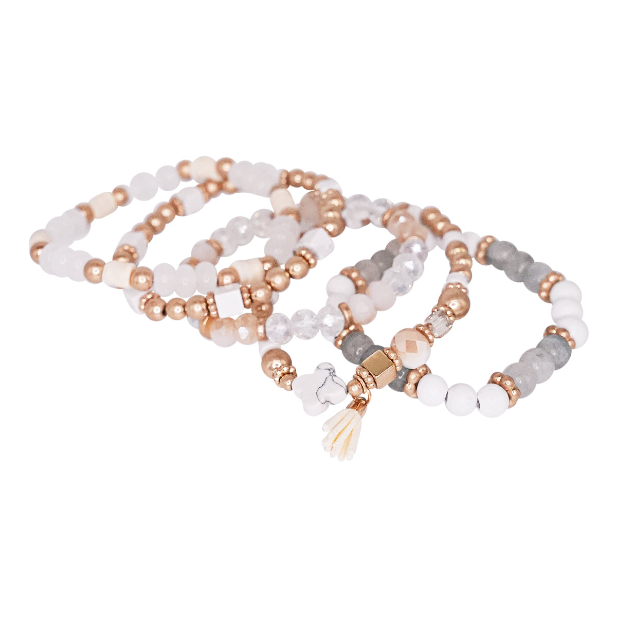 Beaded Bracelet Set Stack Stretch Multi Layered Stone Bangle Clover 5 Layer - Ivory