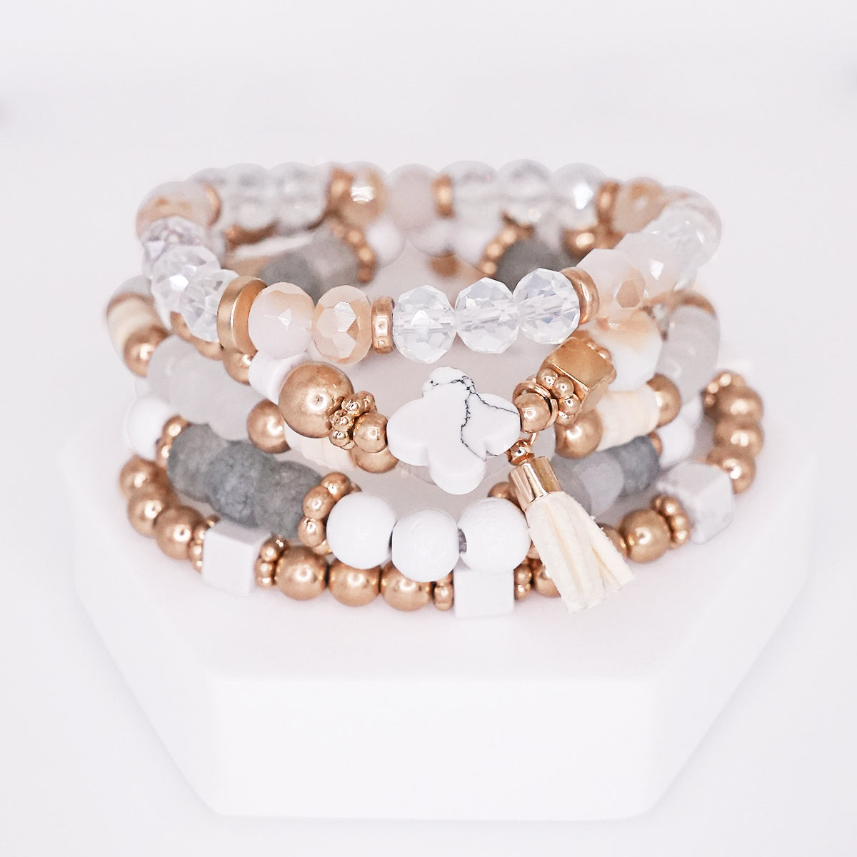 Beaded Bracelet Set Stack Stretch Multi Layered Stone Bangle Clover 5 Layer - Ivory