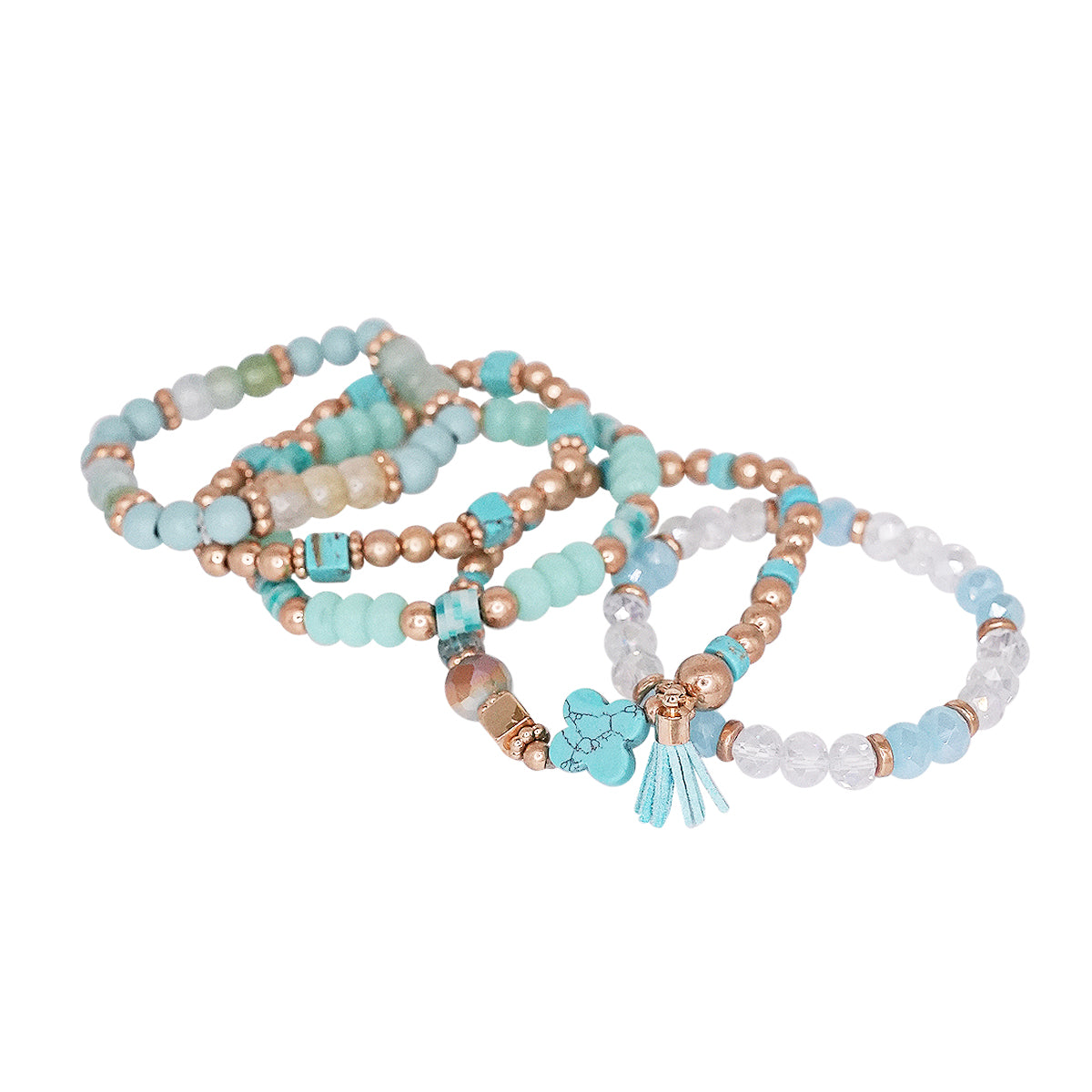 Beaded Bracelet Set Stack Stretch Multi Layered Stone Bangle Clover 5 Layer - Turquoise