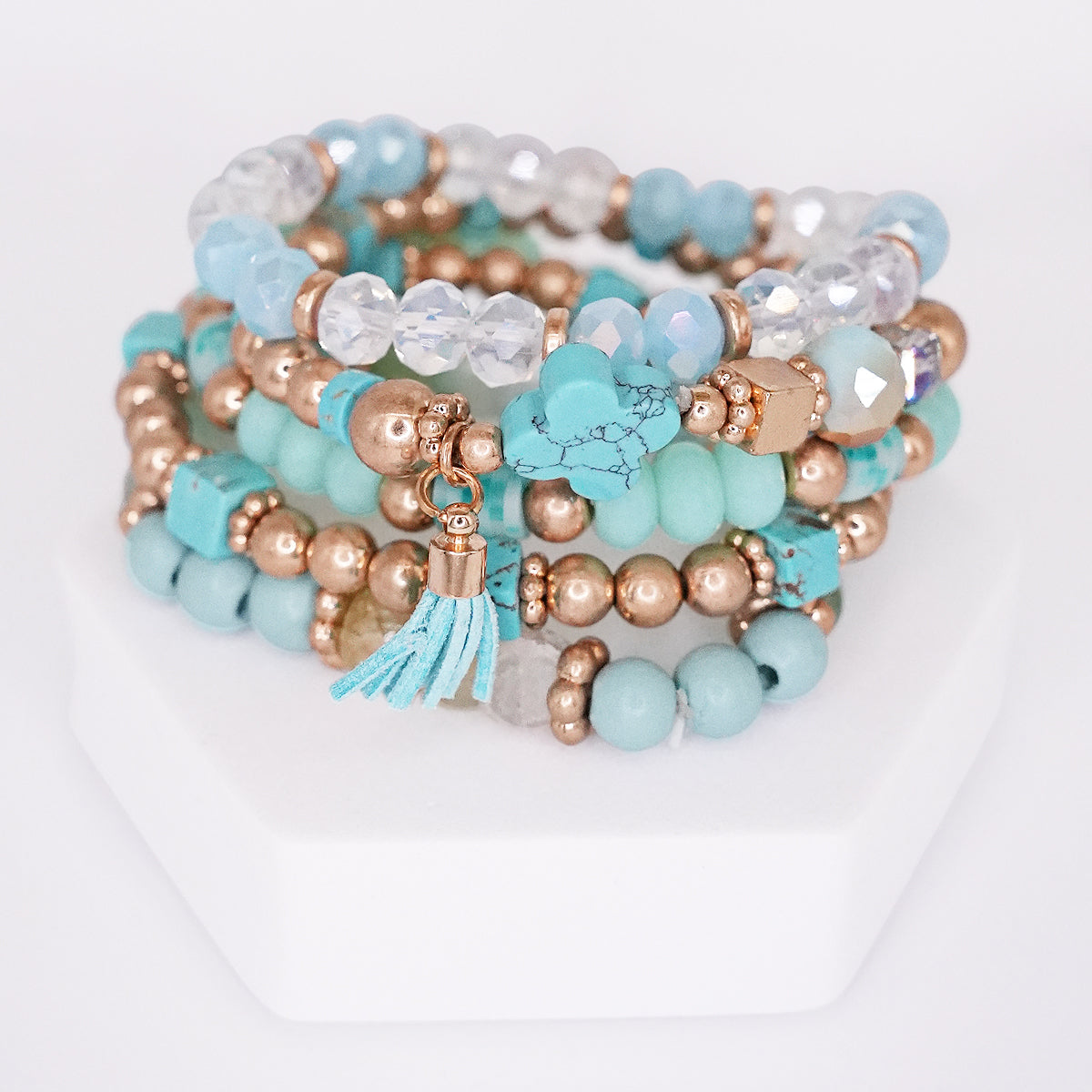 Beaded Bracelet Set Stack Stretch Multi Layered Stone Bangle Clover 5 Layer - Turquoise