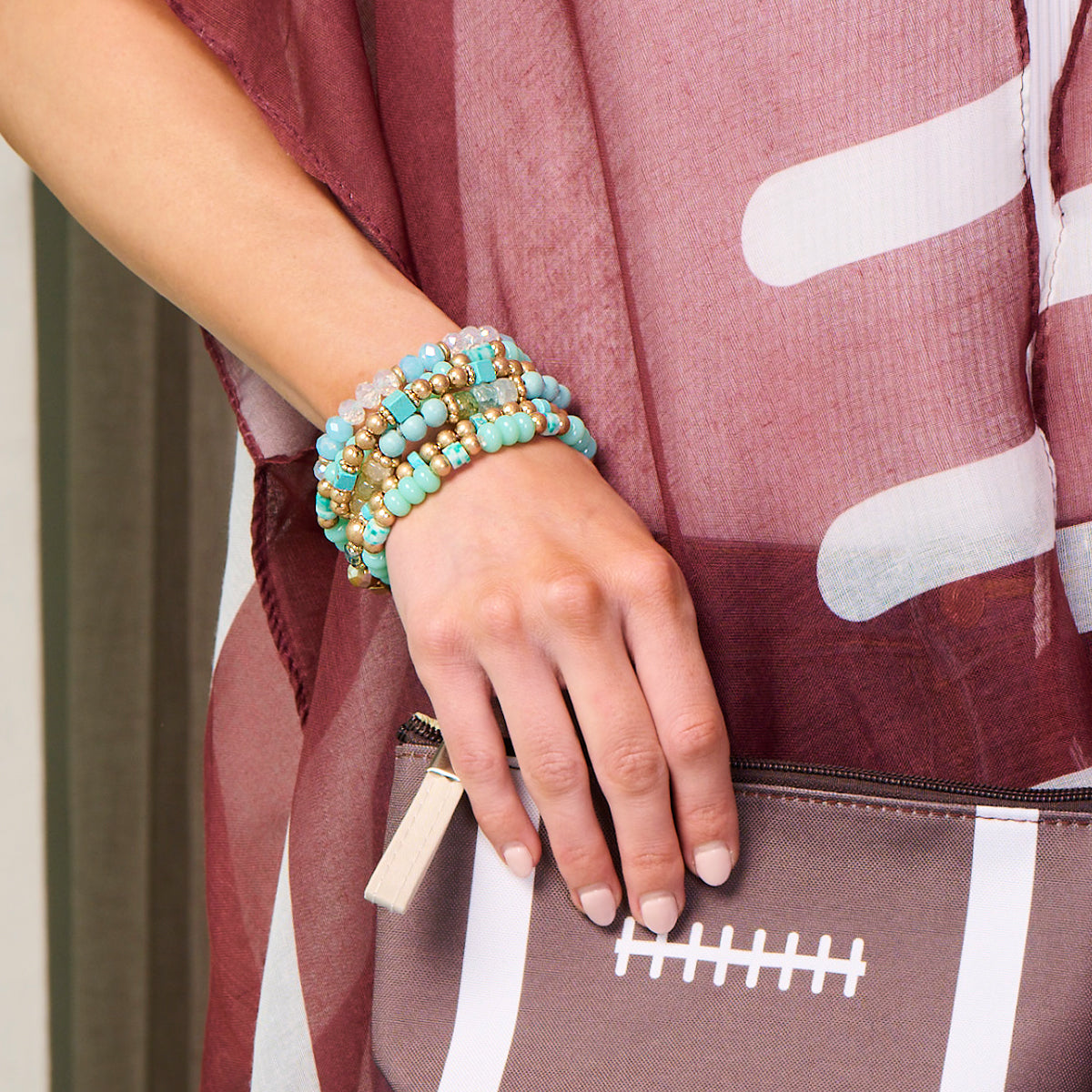 Beaded Bracelet Set Stack Stretch Multi Layered Stone Bangle Clover 5 Layer - Turquoise