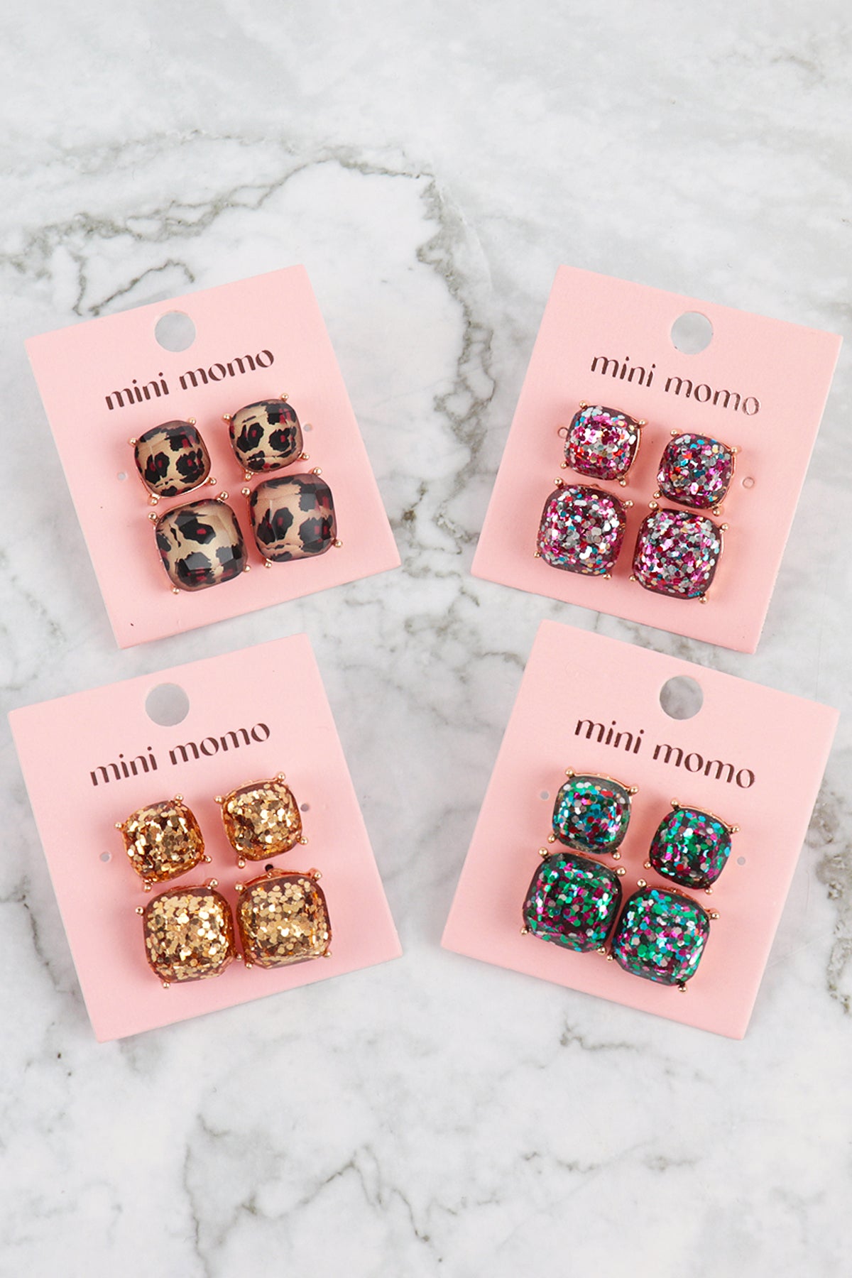 Glitter Square Cushion Cut Stud Earring Set - Pink