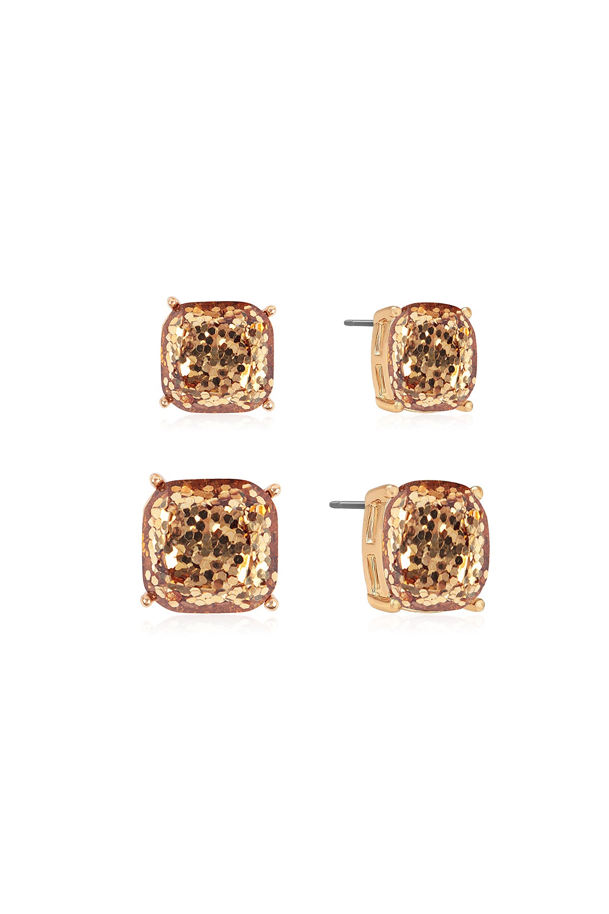 Glitter Square Cushion Cut Stud Earring Set - Gold