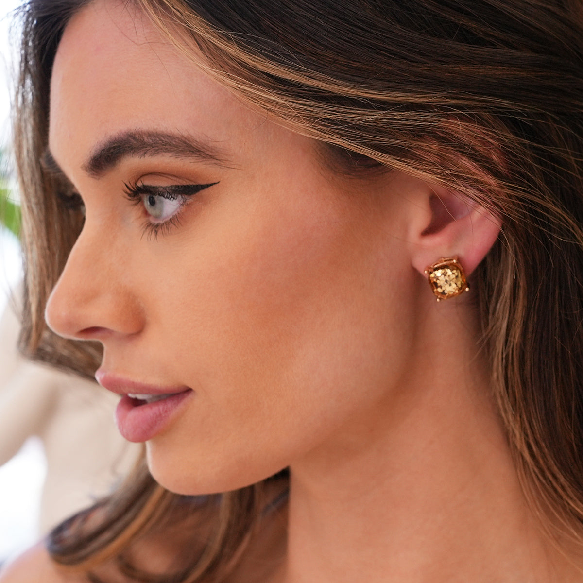 Glitter Square Cushion Cut Stud Earring Set - Gold