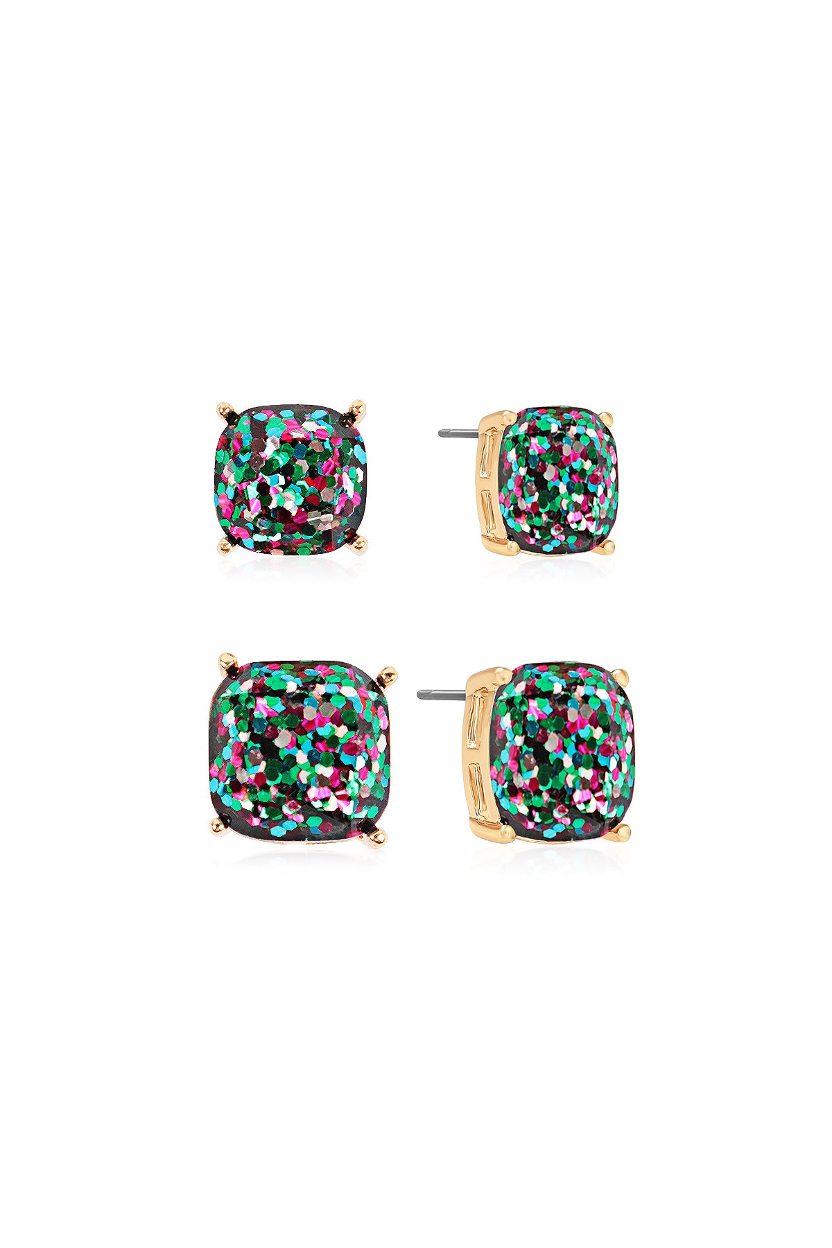 Glitter Square Cushion Cut Stud Earring Set - Multi