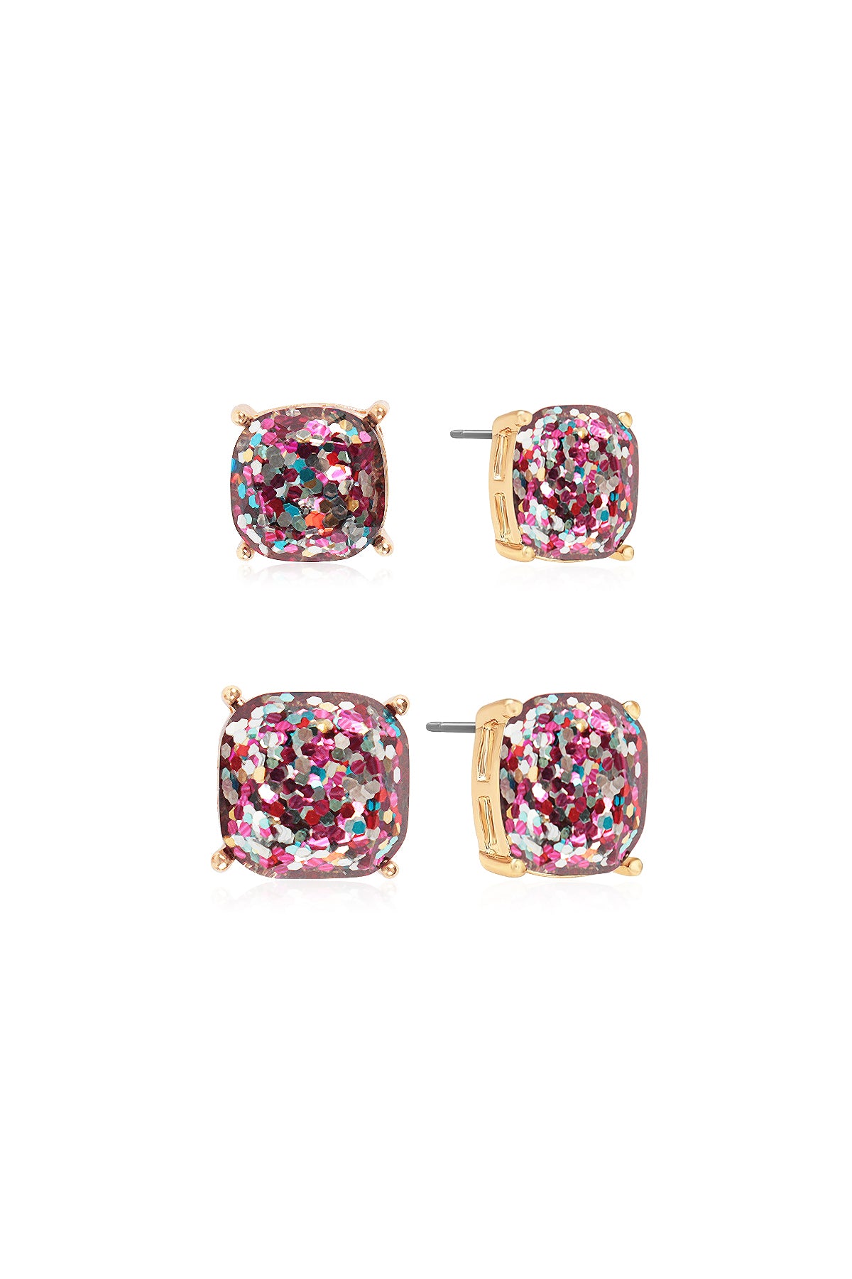 Glitter Square Cushion Cut Stud Earring Set - Pink