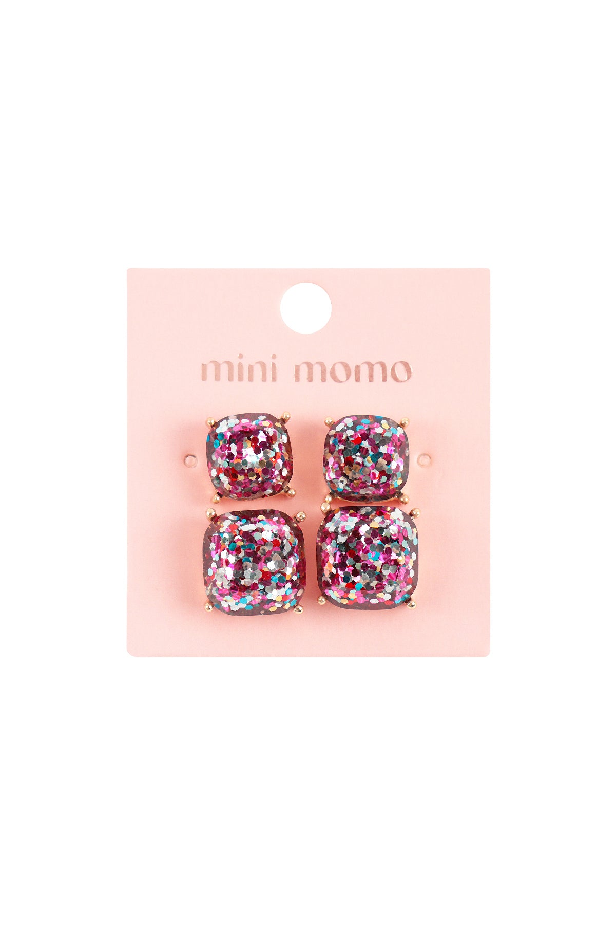 Glitter Square Cushion Cut Stud Earring Set - Pink