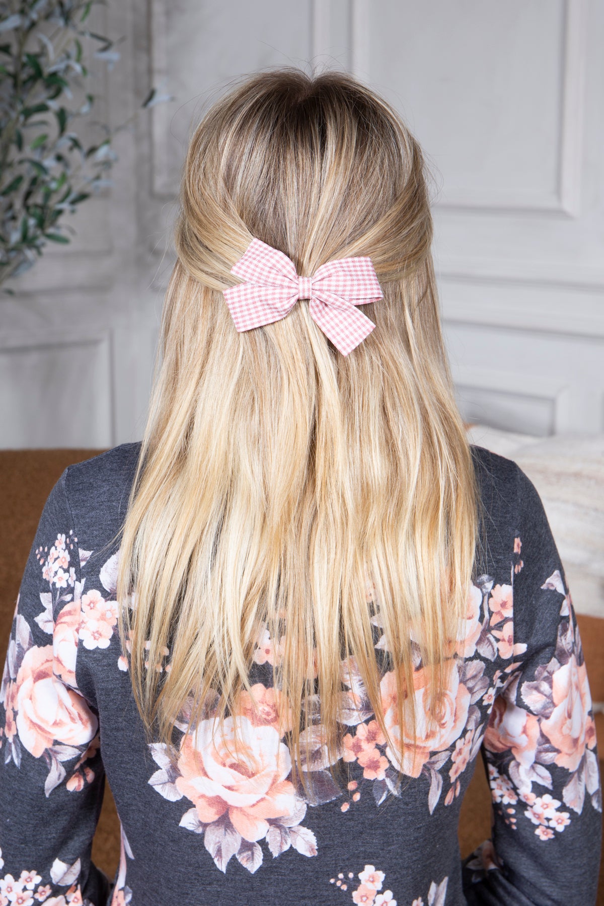 Cute Bow Hair Clip Pin for Women and Girls - Fabric Gingham Pink