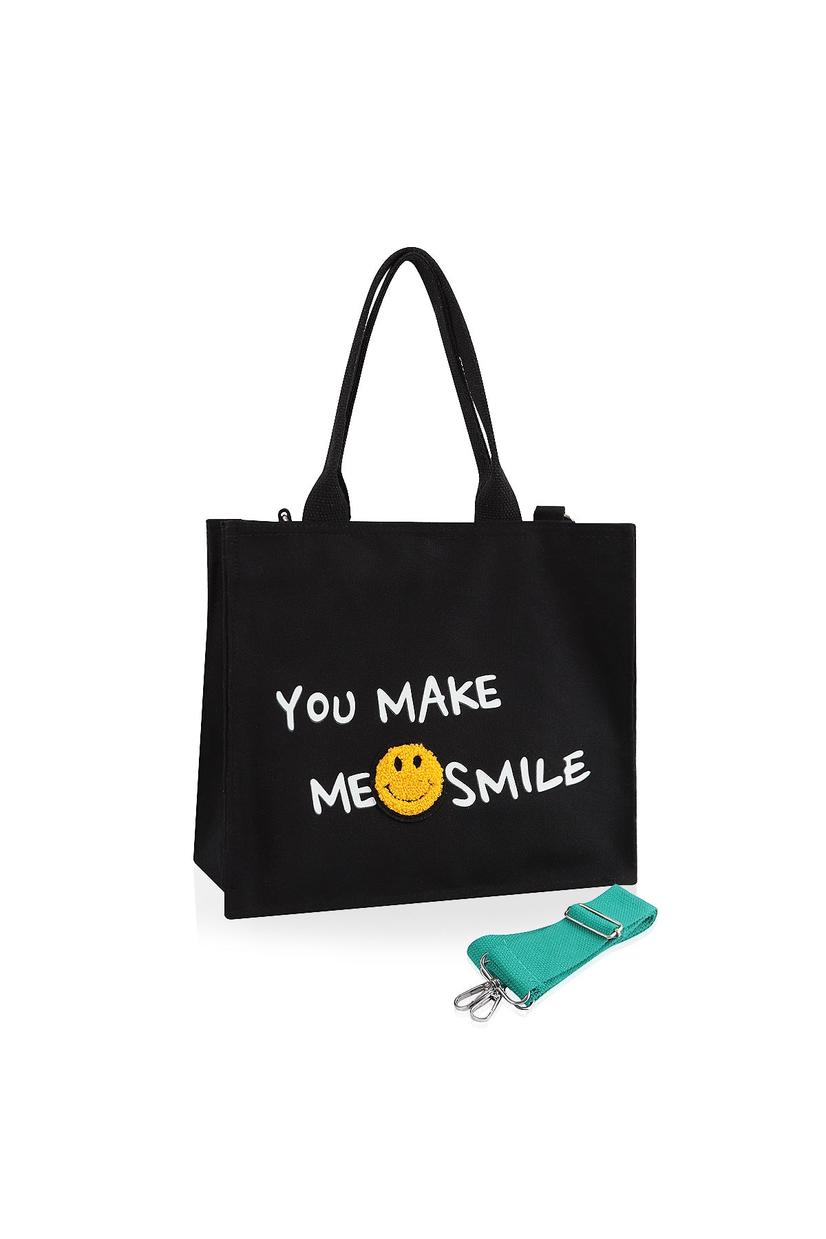 Smile Canvas Tote Bag Shoulder Crossbody Strap Fabric Shopper Purse Handbag - Black