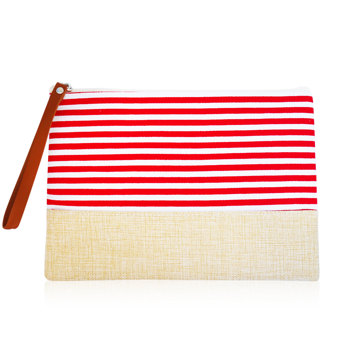 Versatile Wristlet Clutch Stripe Canvas Flat Pouch - Red