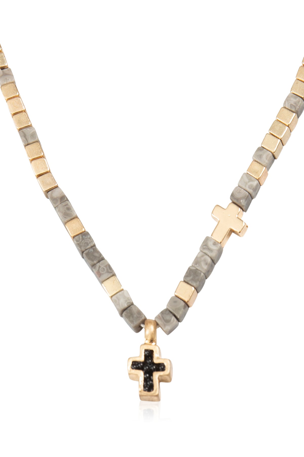 Charm Cross Necklace for Women - Natural Stone Cubic Bead - Grey Japser