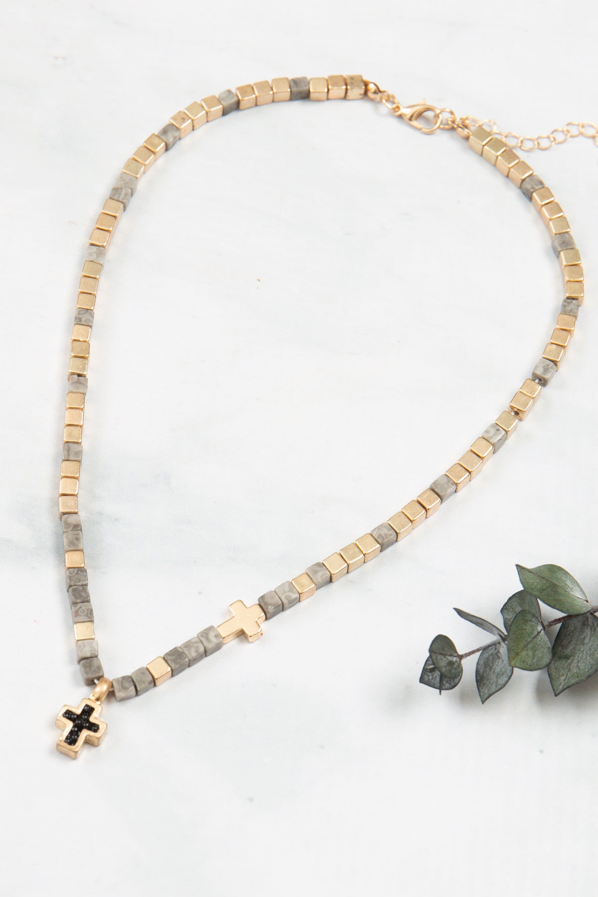Charm Cross Necklace for Women - Natural Stone Cubic Bead - Grey Japser
