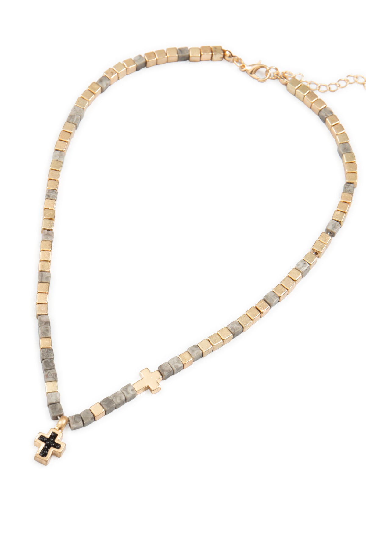 Charm Cross Necklace for Women - Natural Stone Cubic Bead - Grey Japser