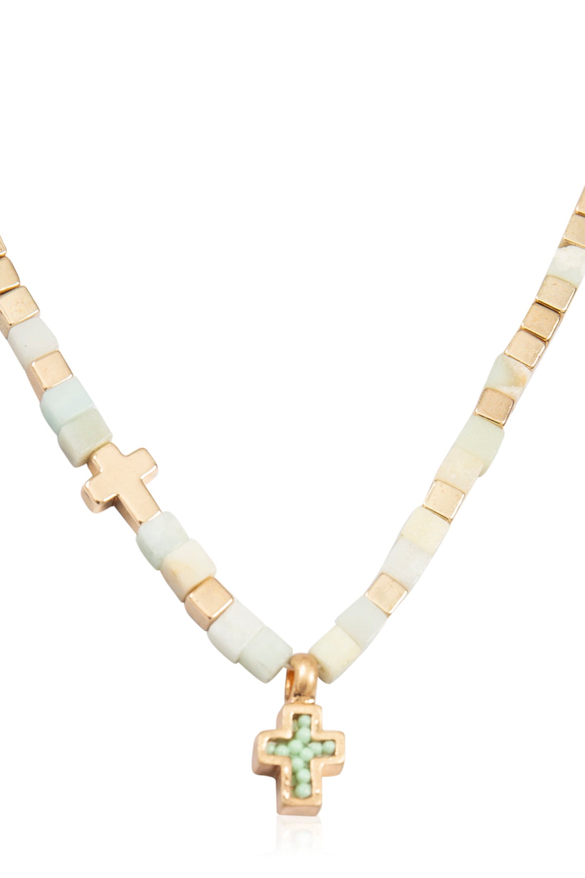 Charm Cross Necklace for Women - Natural Stone Cubic Bead - Amazonite