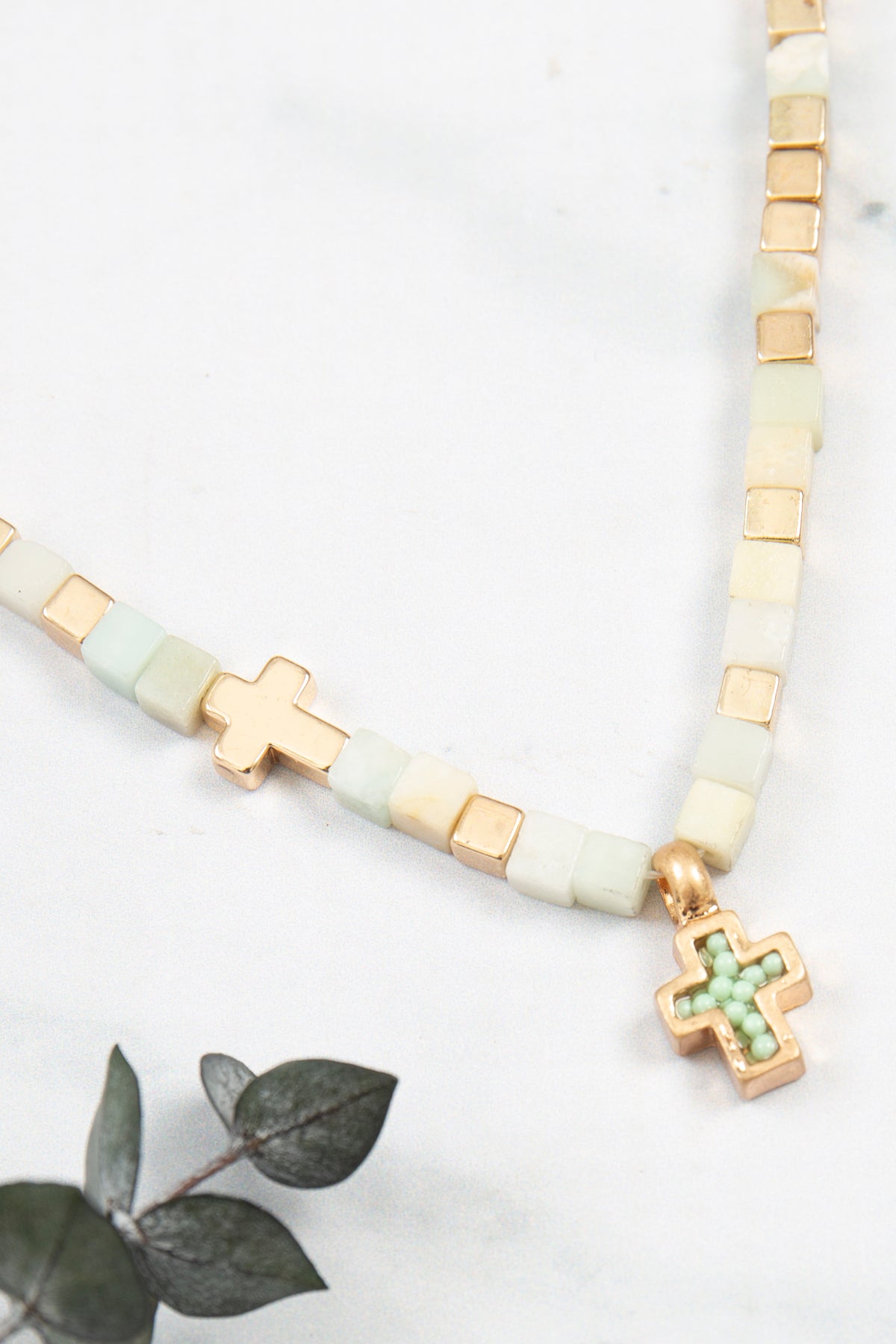 Charm Cross Necklace for Women - Natural Stone Cubic Bead - Amazonite