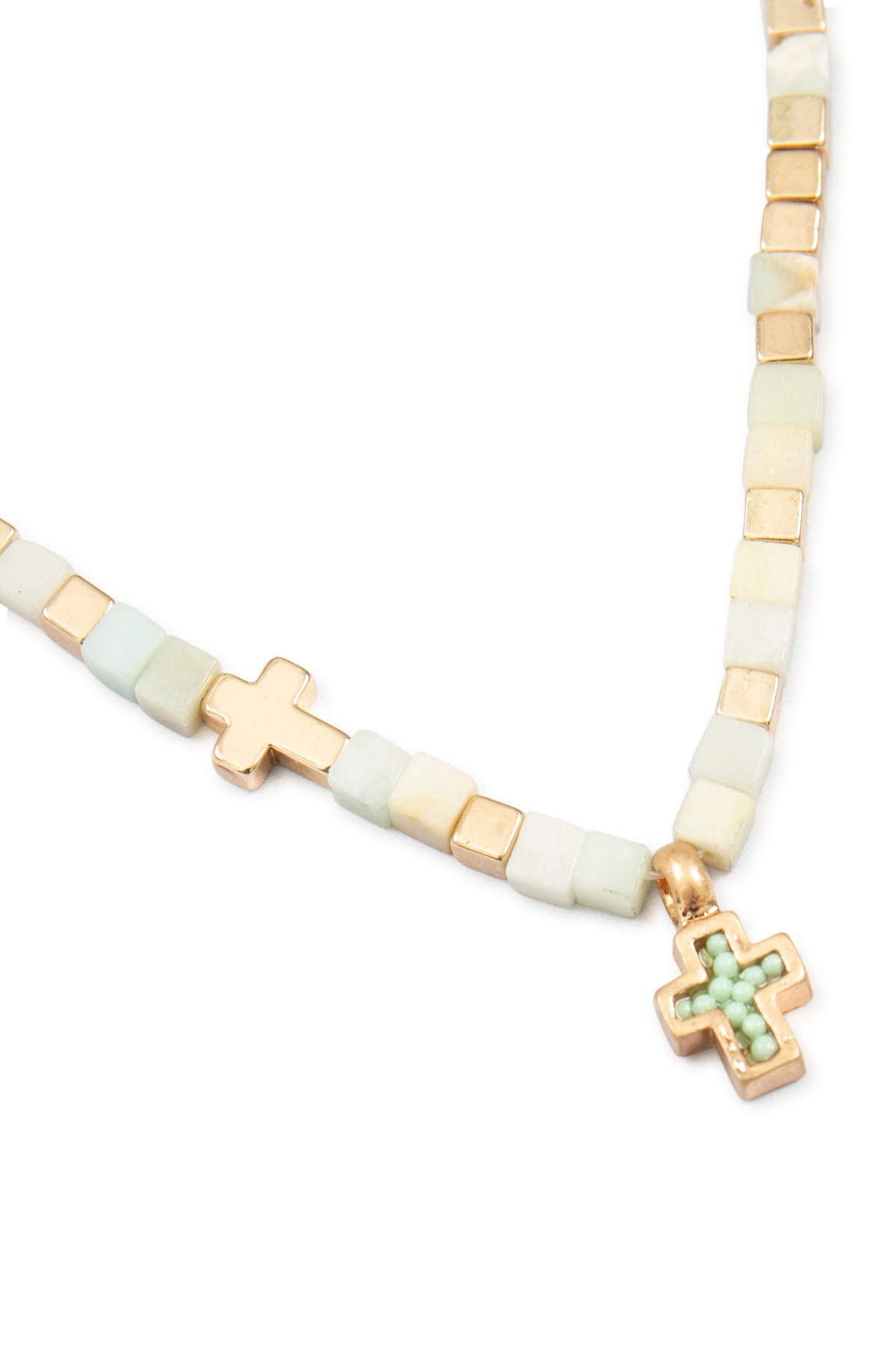 Charm Cross Necklace for Women - Natural Stone Cubic Bead - Amazonite