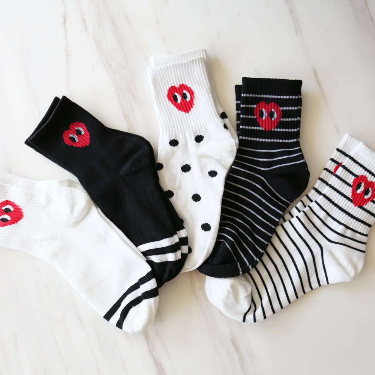Cute Heart Stripe Dots Women's Mid Calf Half Crew Socks Set