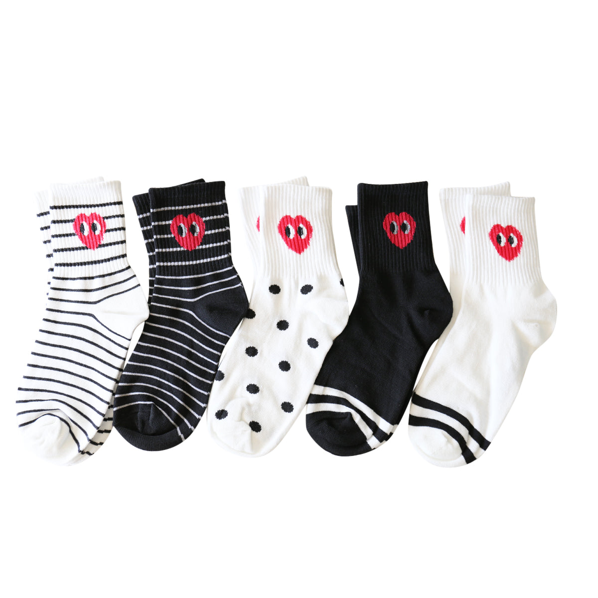 Cute Heart Stripe Dots Women's Mid Calf Half Crew Socks Set