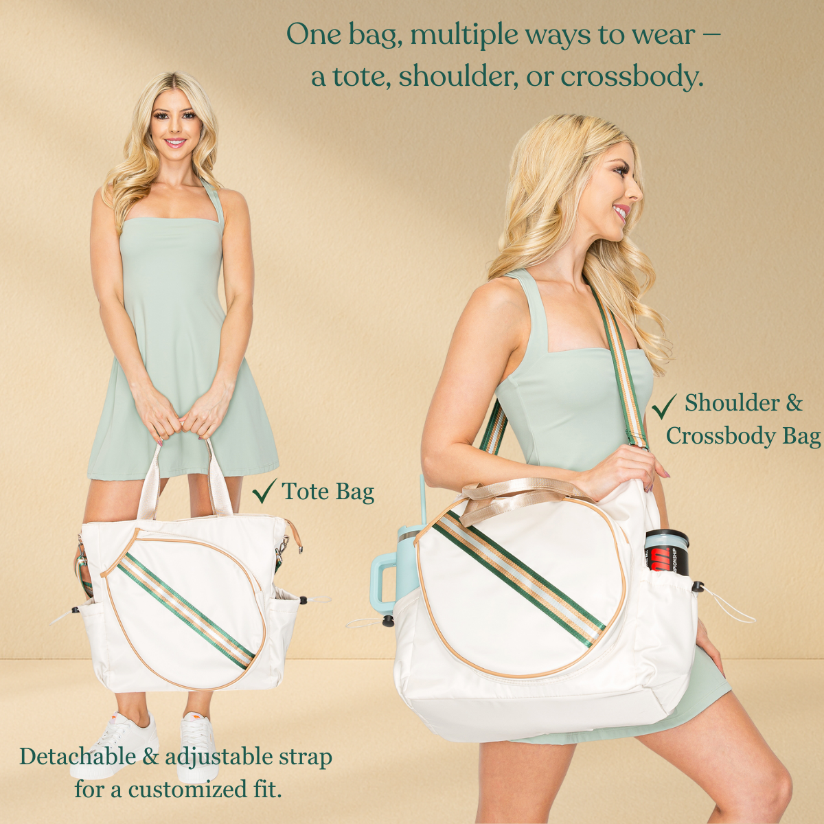 Tennis Striped Tote Bag  - Ivory/Green Gold