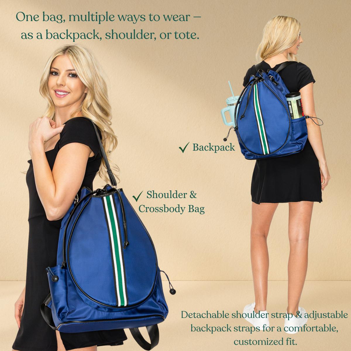 Tennis Convertible Backpack - Navy/Green Stripe