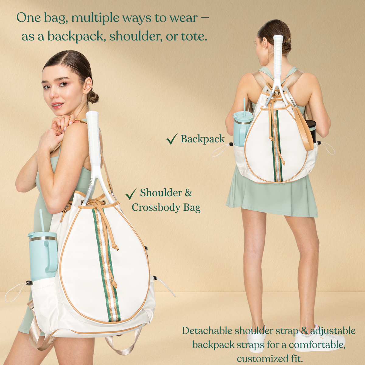 Tennis Convertible Backpack - Beige/Gold Green